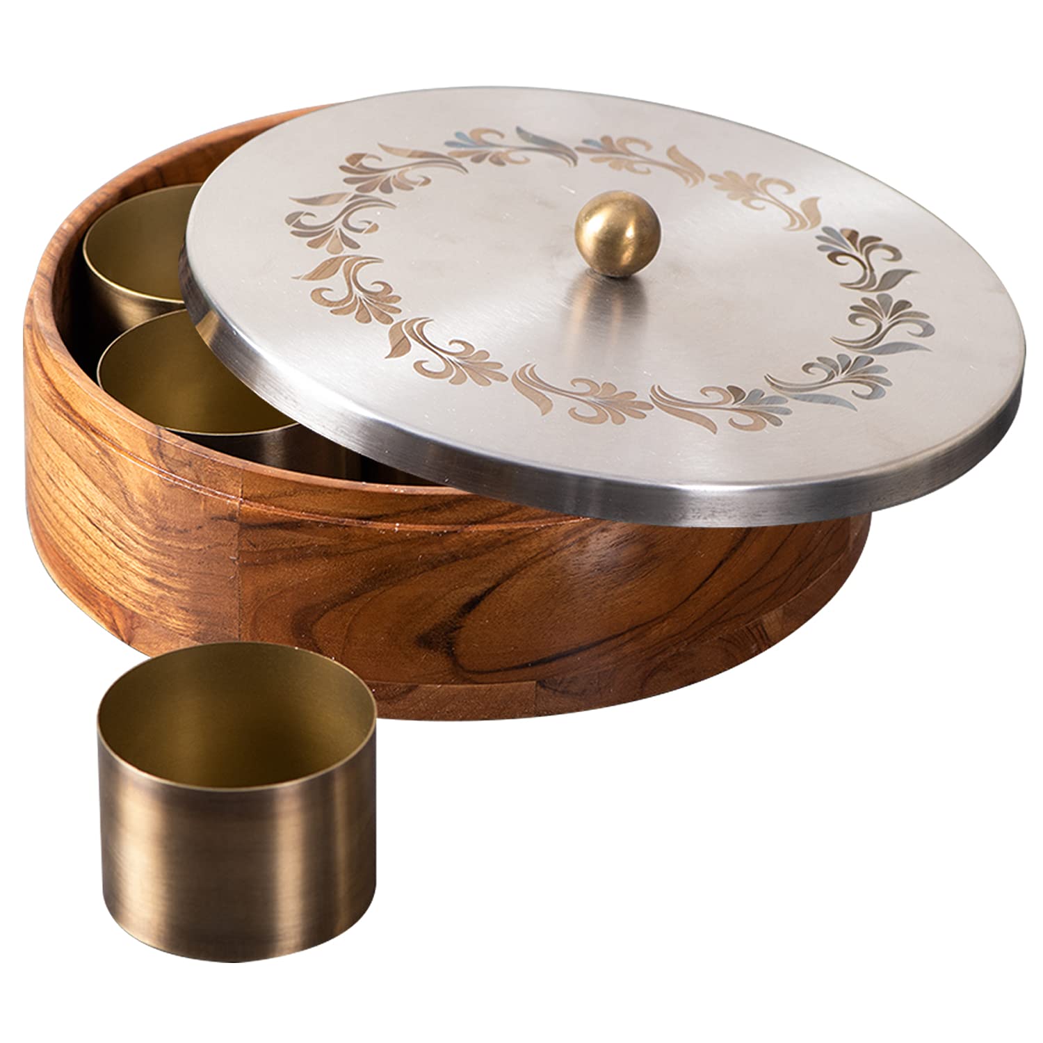 nestroots masala box for kitchen spice box with embed design | Anjarai petti for kitchen wooden masala box 7 jars spice container (9 inch Dia, Silver flower) (B092MJX3JT) Amazon Price History, Amazon Price Tracker