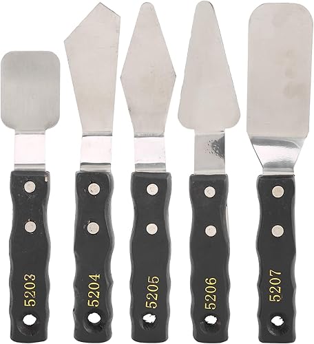 Paquete de 5 espátulas de paleta, mango de madera negra, acero inoxidable, aceite, acrílico, cuchillo de artista, resistente, duradero, para yeso,