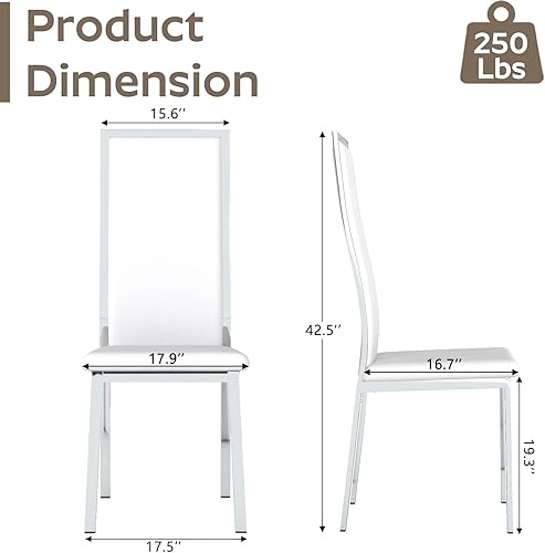 Miniatura 2 de Juego de 4 sillas de comedor modernas, piel sintética blanca con patas de metal cromado plateado, diseño curvado de respaldo alto y amortiguación de