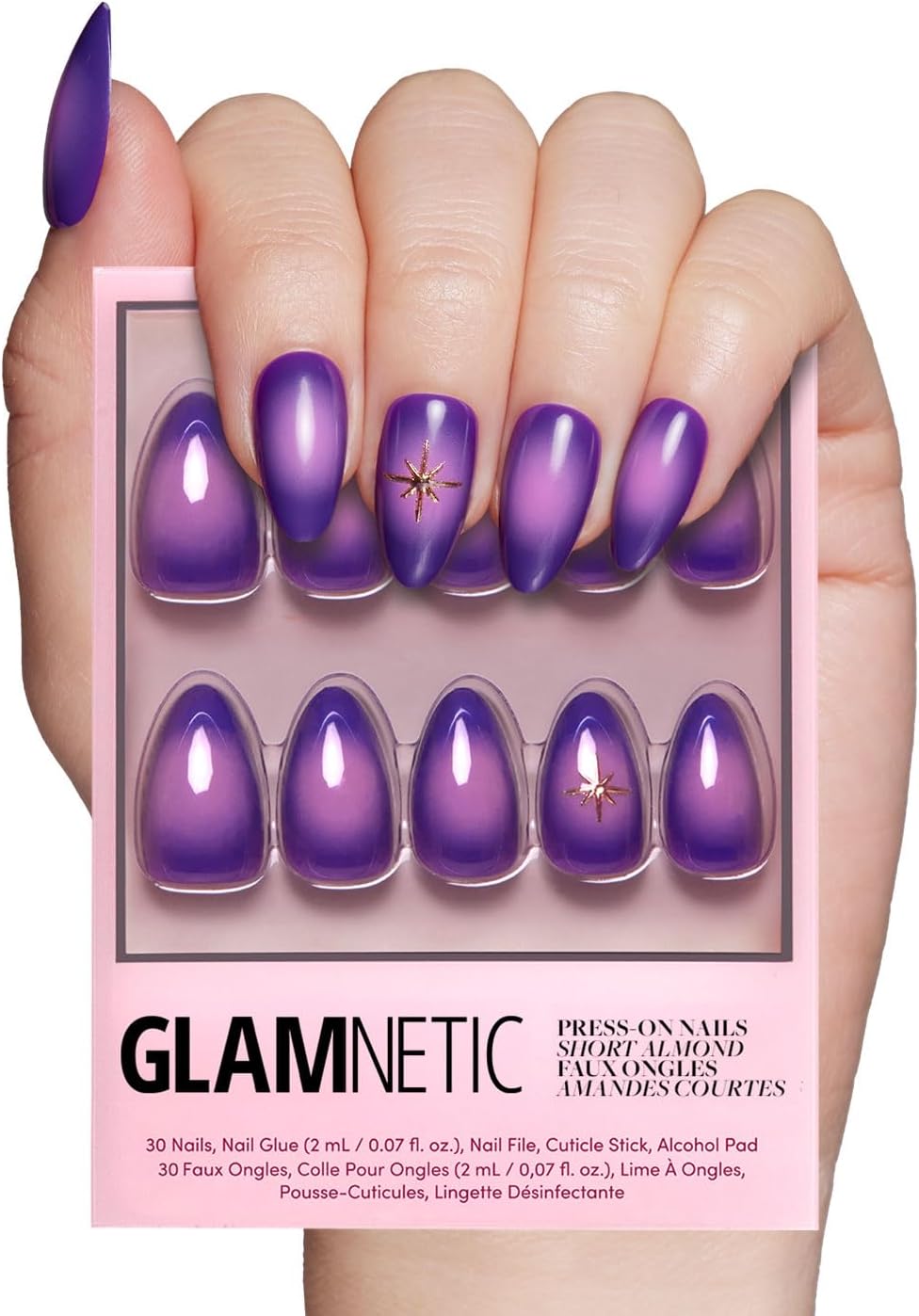 Glamnetic Press On Nails - Tarot | Short Almond Purple Nails with Ombre Design, Reusable Stick On Fake Nails with Glue | Salon Quality | 15 Sizes - 30 Nail Kit