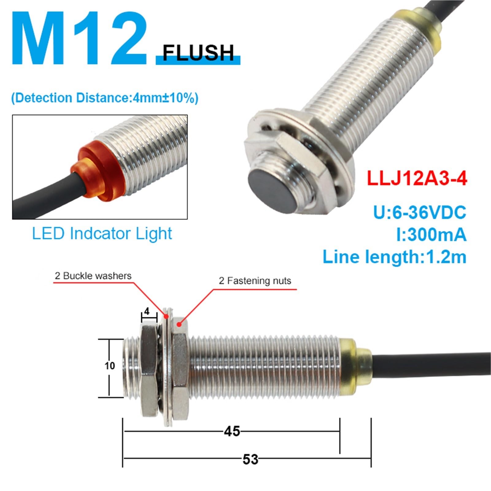 1 szt. M8 M12 M18 czujnik zbliżeniowy dalekiego zasięgu zasięg wykrywania 2/4 4/8 10/15 15/25 mm PNP NPN NO NC LLJ12A3 AC DC 6-36V (LLJ8A3-2, NPN NO)
