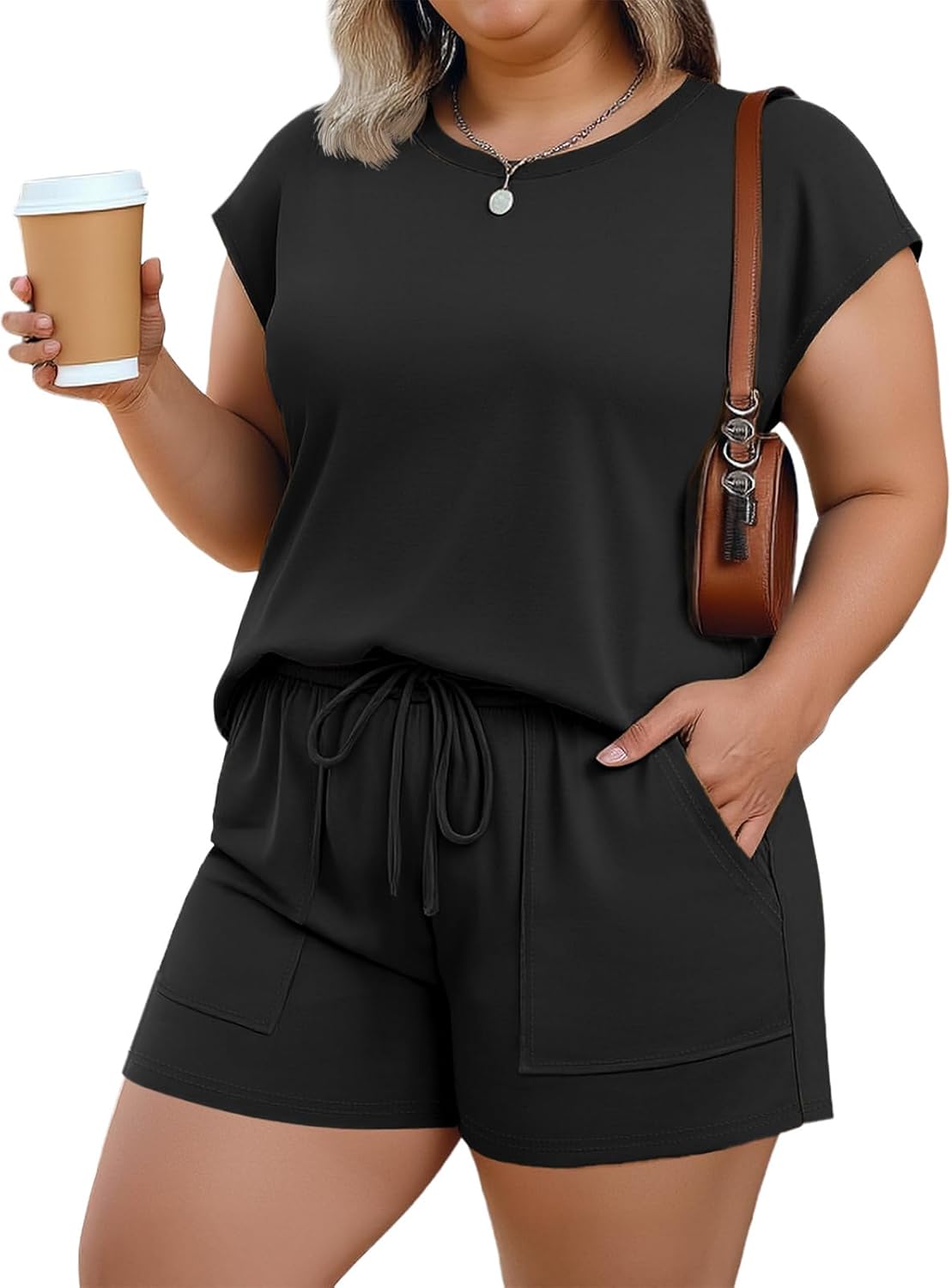 Lastshe Plus Size Two Piece Sets for Women Short Lounge Set Drawstring Cap Sleeve Summer Outfits Sweatsuit with Pockets