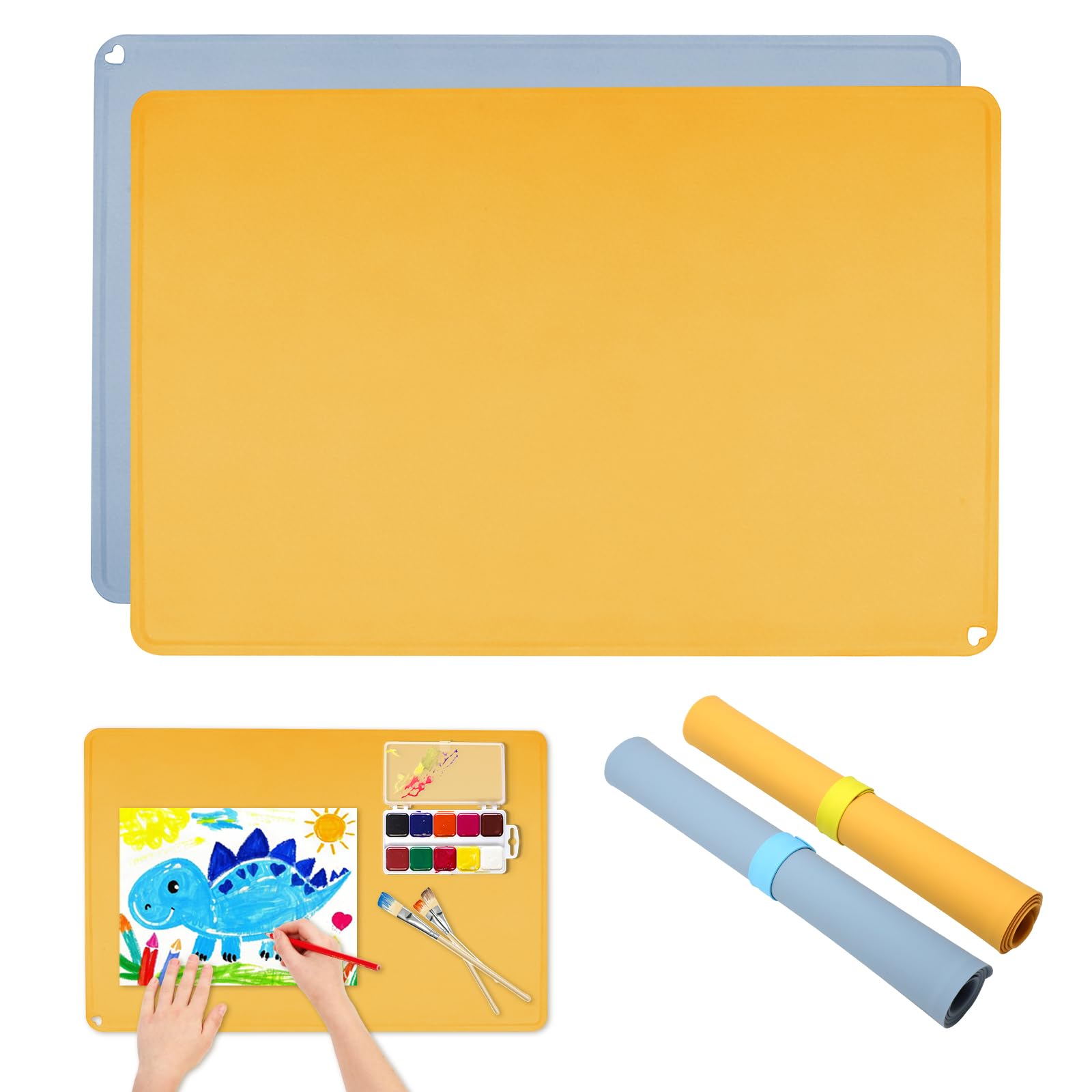 2 Stück Malunterlage für Kinder A2 (60x40cm) - Silikon Bastelunterlage mit Erhöhten Kanten, Antihaft & Waschbar - Unterlage für Malen, Harz, Epoxid und Sandkunst -Schreibtischschutz Set in Gelb+Blau