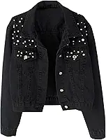 Jaqueta Jeans Oversized Feminina com Bordado e Pérolas Aplicadas