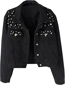 Jaqueta Jeans Oversized Feminina com Bordado e Pérolas Aplicadas