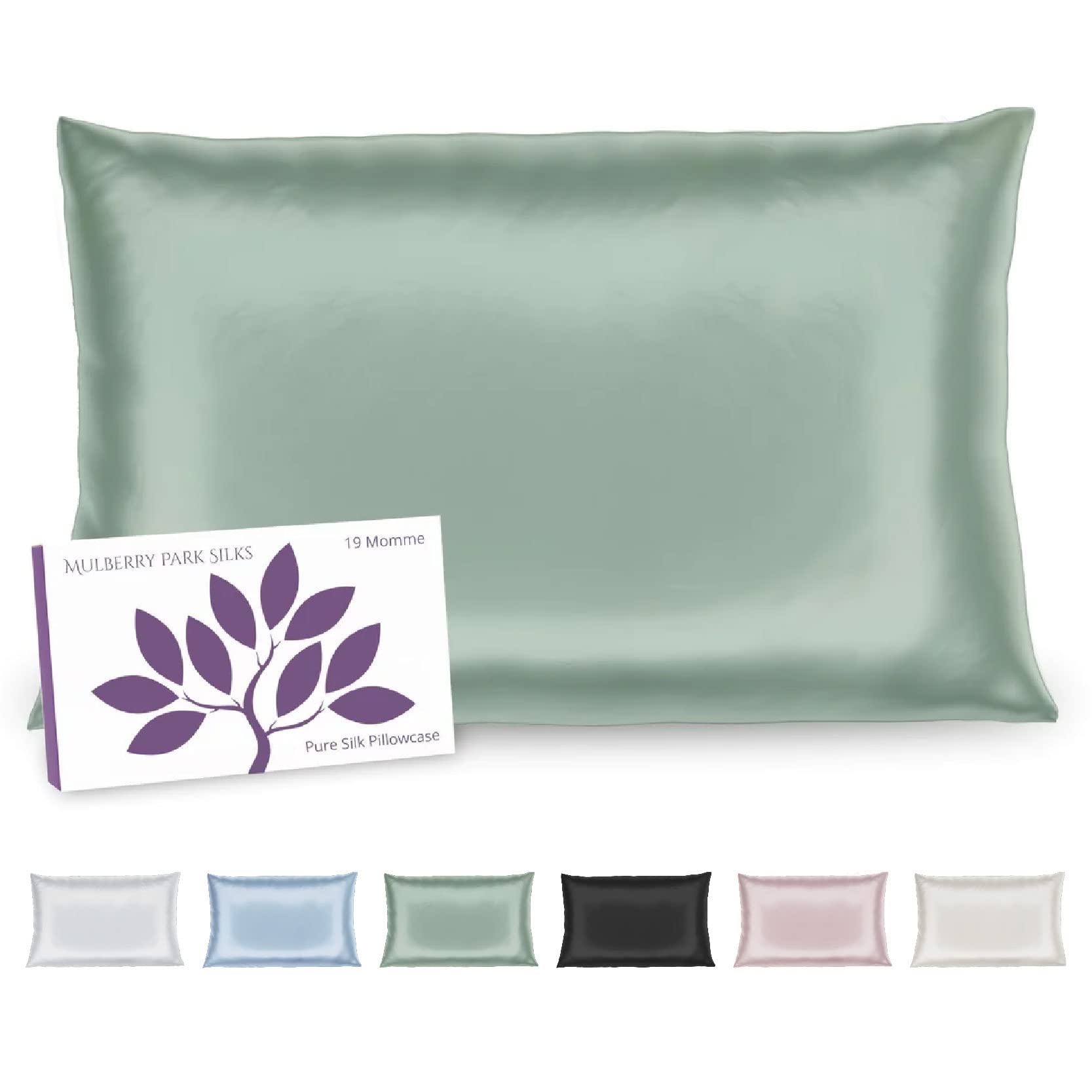 Mulberry Park 100% Silk Pillowcase - 19 Momme, Grade 6A Mulberry Silk - Deep Envelope Closure - Green/Queen (20'' x 30'')
