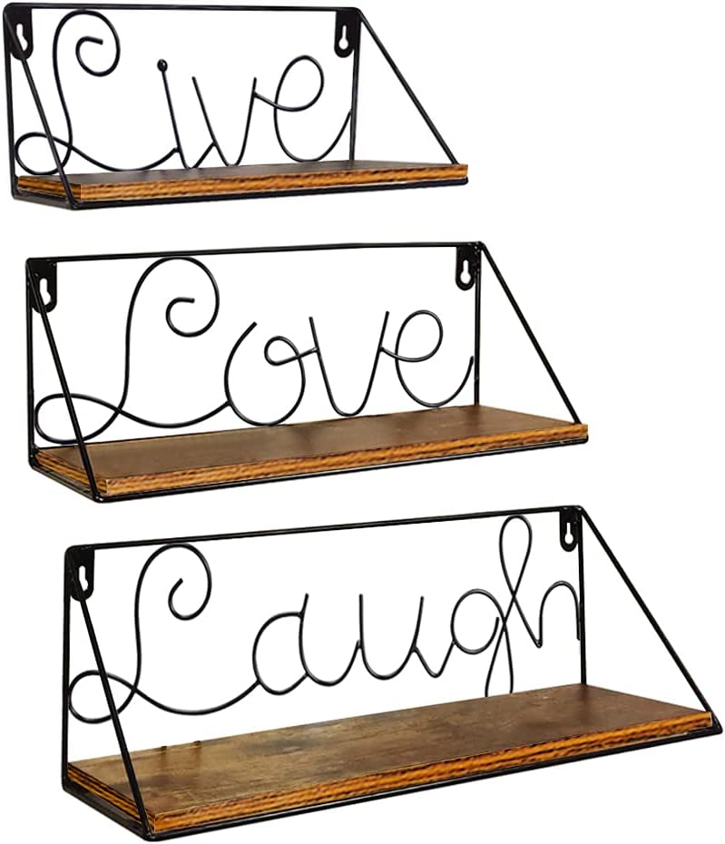 Live Love Laugh Set 3 Floating Mounted Shelves, Metal Wall Decor Shelf for Living Room, Bathroom, Bedroom, Office, Kitchen, 3 Different Sizes