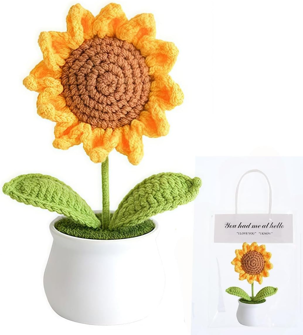YiQiYi Handmade Knitted Sunflower Crochet Flower - Soft Wool Artificial Sunflower for Desk, Car Dashboard, Office Decor & Motivational Gifts for Women