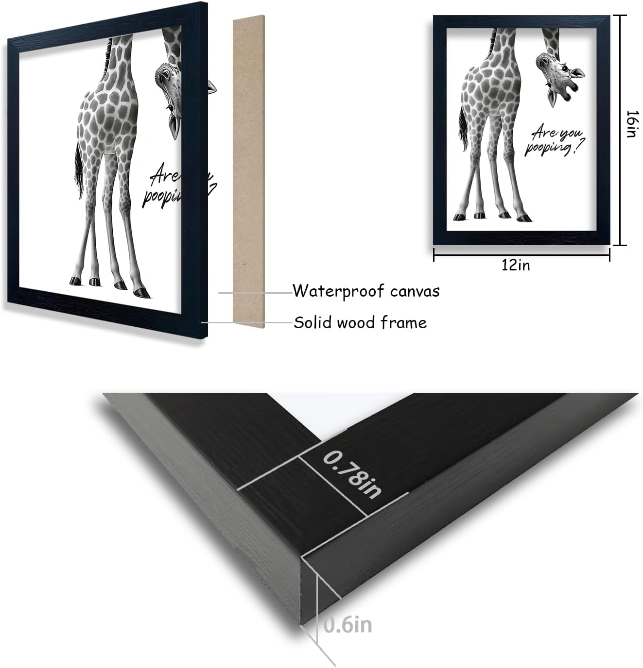 Funny Giraffe Bathroom Wall Art Rustic Farmhouse Are You Pooping Sign Cute Animal Canvas Print for Bathroom Decor Black Framed Giraffe Pictures Wall Art for Restroom Home16x12in