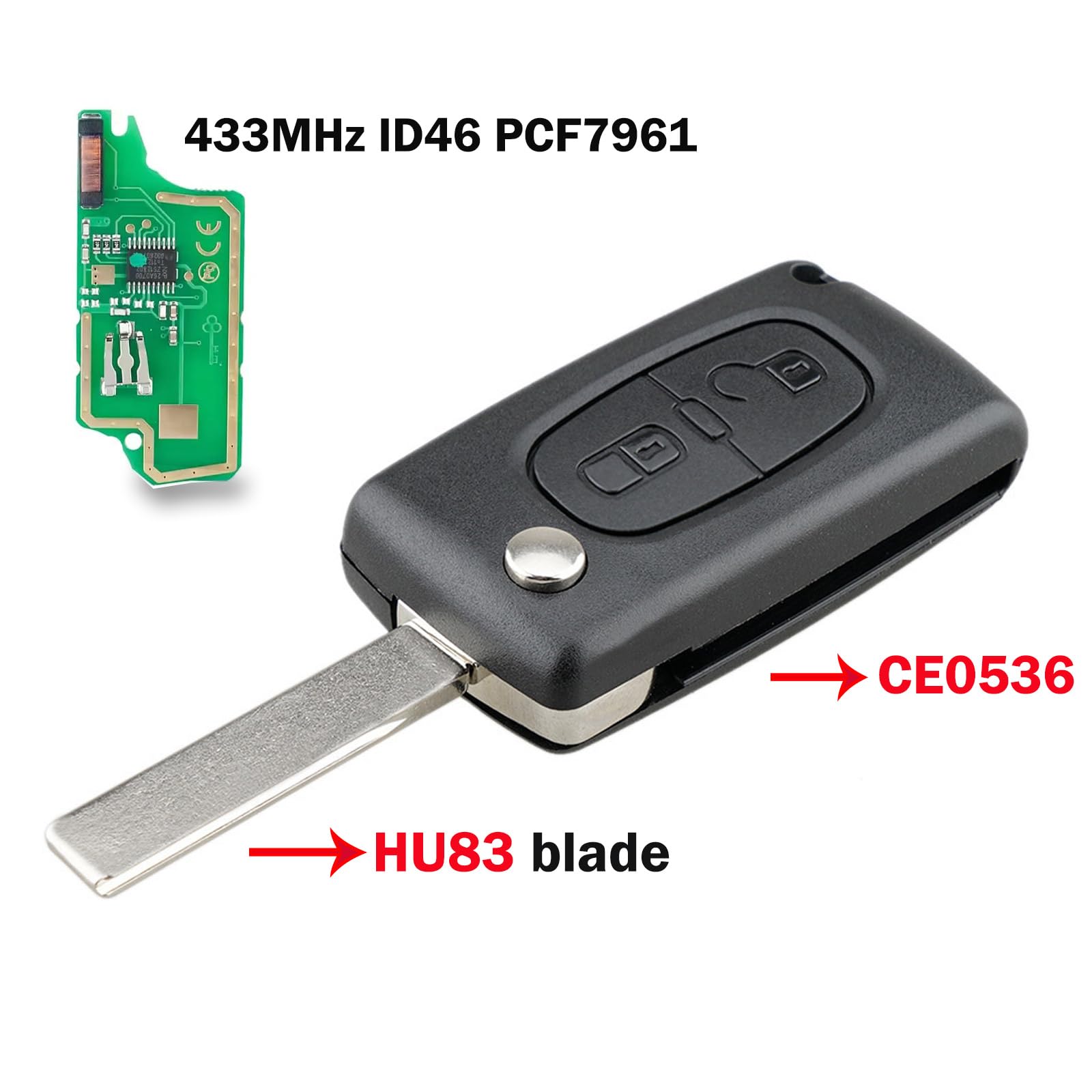 FSK Llave Remota del Coche, 2 Botones Mandos a Distancia 433 MHz ID46(PCF7961) Programable Chip para Peugeot 207 307 308 407 807 3008 5008 Expert Citroën C2 C3 C4 C5 C6-CE0536 Hoja HU83