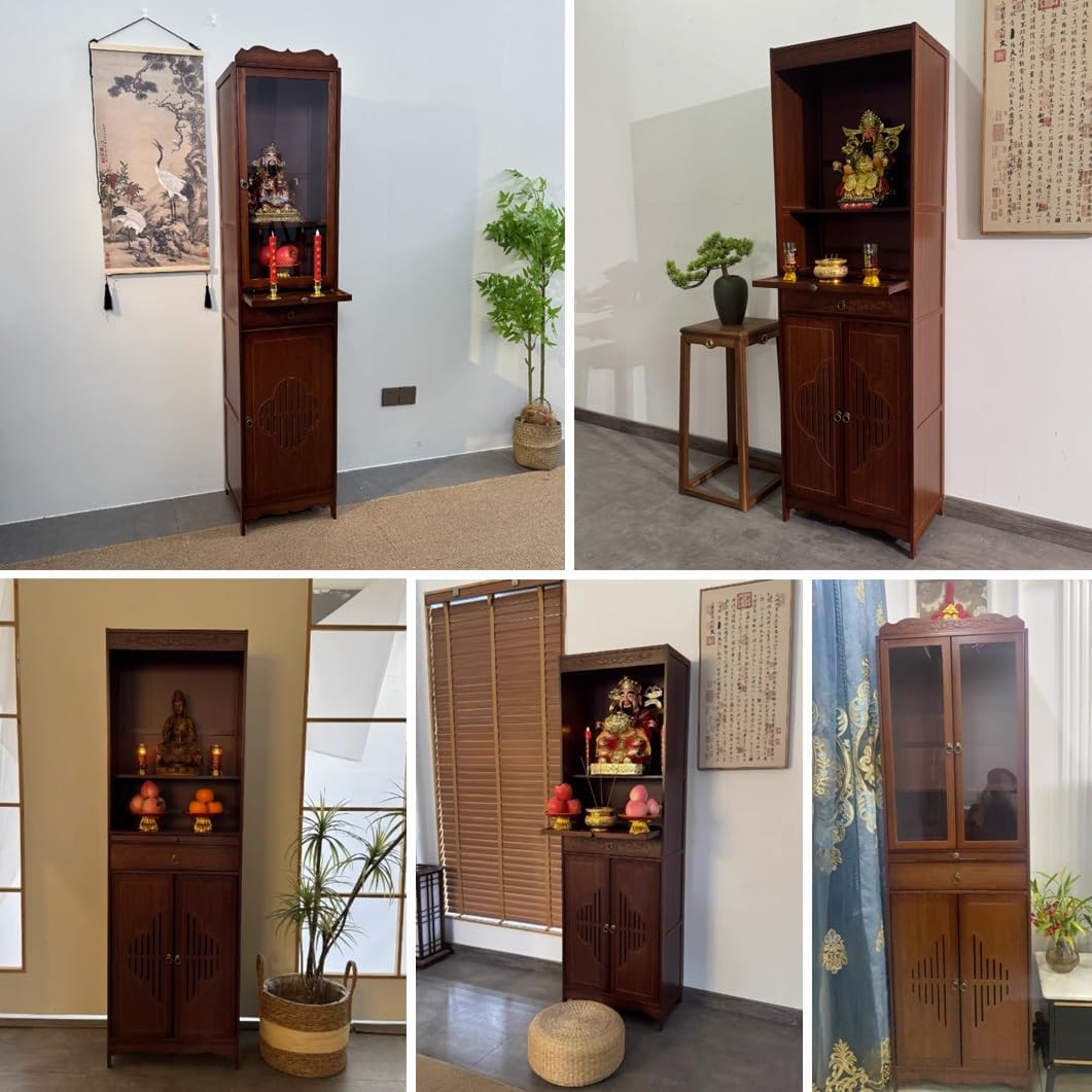 Personal Shrine Altar Table, Buddha Niche Chinese Cabinet Altar with Storage and Drawer, Bamboo Meditation Table Incense Burner Pedestal Offering Table for Prayers Divination(Open,68cm/26.7")