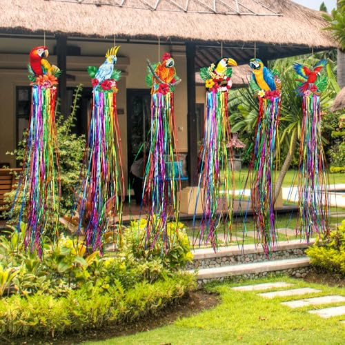 Image of Affrolling 8 Pcs Tropical Birds Party Decoration Hawaiian Luau Tiki Jungle Theme Hanging Outdoor Decor with Tassels for Birthday Party Supplies 3.3 ft Summer Bird Toucan Leaf Garland Door Banner Sign