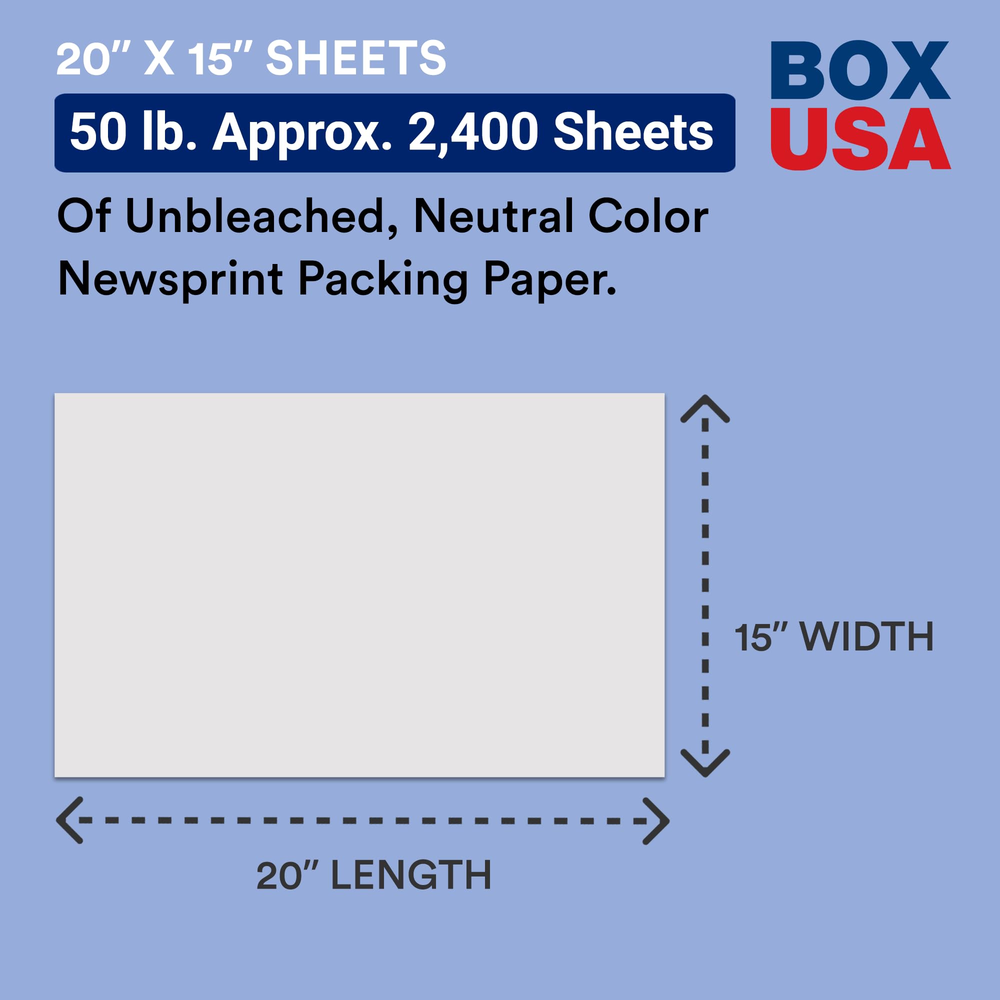 BOX USA Hojas de papel de embalaje de periódico, 20 pulgadas de largo x 15 pulgadas de ancho, 100% reciclado, caja de 2400, blanco, ideal para moverse, almacenamiento y embalaje