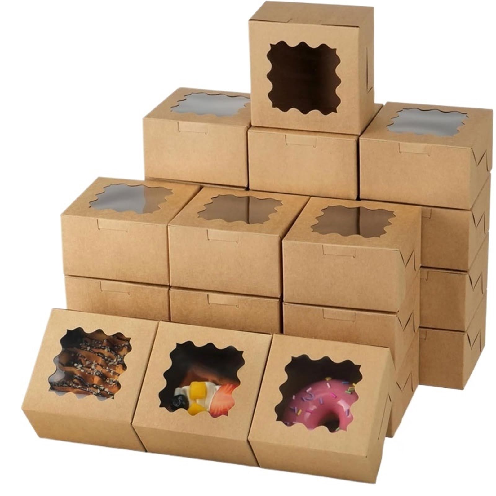 XPJYUA Bakery Boxes with Clear Window 50/100Pcs Kraft Cake Boxes With Window, 4x4x2.5IN Dessert Pastry Macaron Bakery For, Pastries, Chocolates, Biscuits(10Pcs)