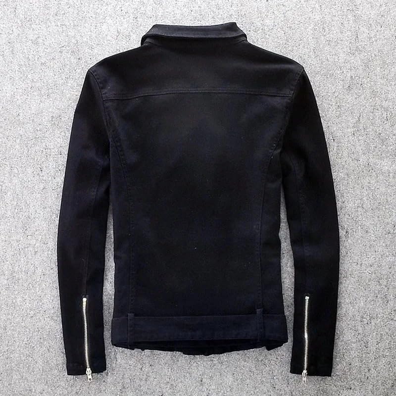 Hifa Men's Black Biker Jean Denim Jacket Motorcycle Style Classic Punk Knight Slim Fit Coat Scratched Zipper Turn-Down Collar - Image 4