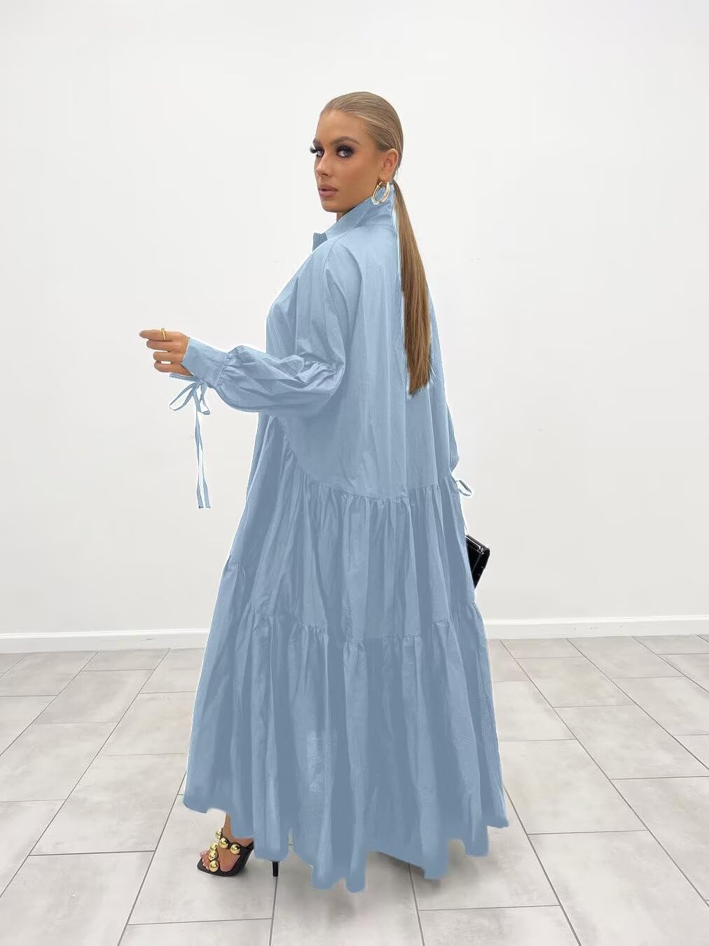 Women's Long Sleeve Maxi Shirt Dress Elegant Button Down Loose Swing Party Dress - Image 3