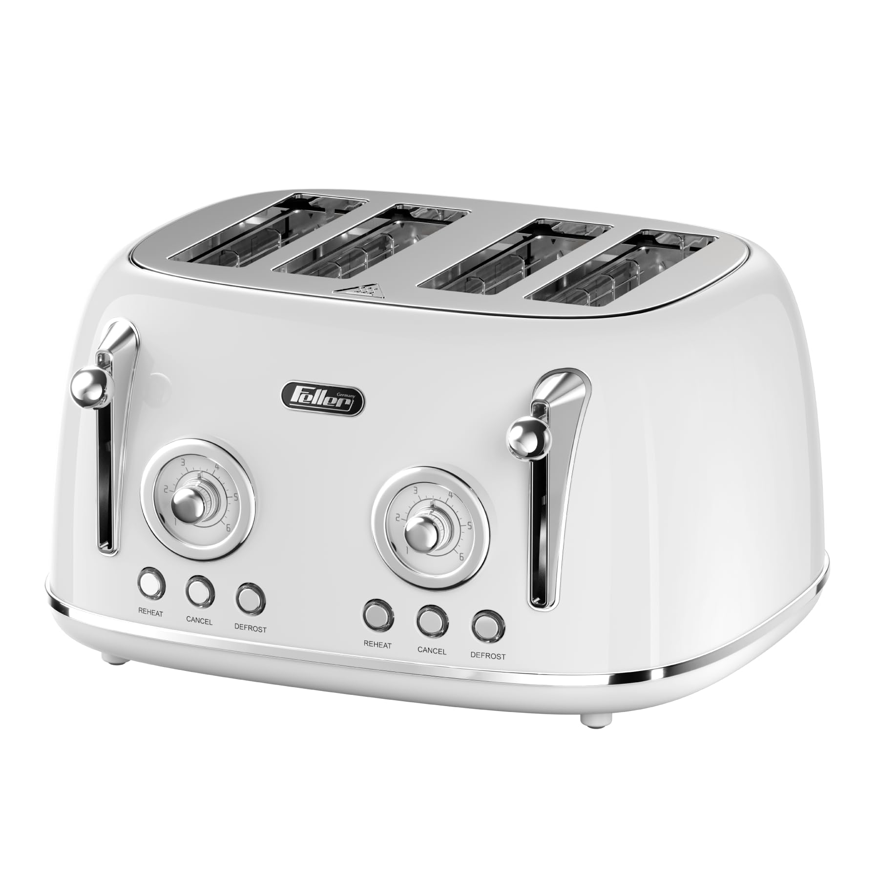 Germany, Retro Style 4-Slice Toaster, 1630 W, Steel Body, 2 Dust Covers & 2 Bun Warmers, Defrost, Reheat& Cancel, 4 Extra wide Bread Slots, Metal Crumb Tray, TO490, 2Y Guarantee (Glossy White)