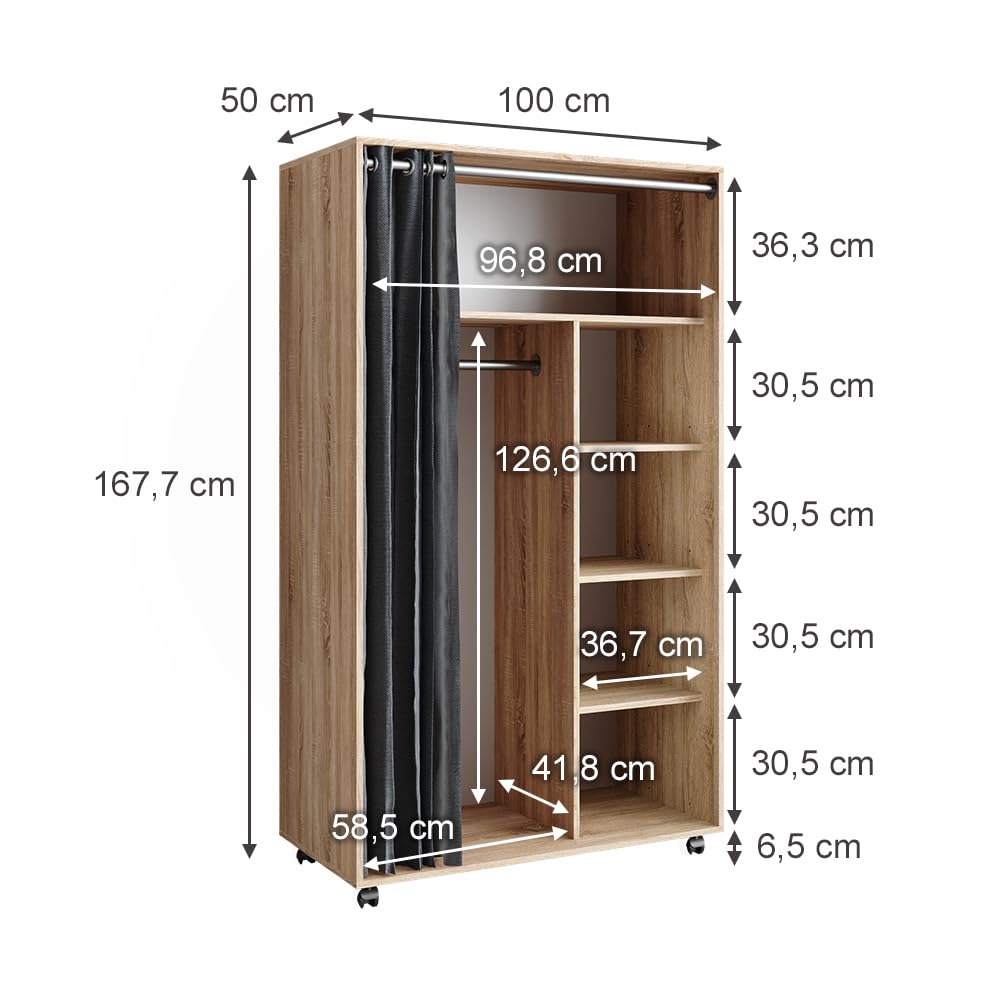 Vicco Armoire Doros, Sonoma, 100x168cm Ouvert, avec roulettes, pour Le Rangement Flexible de vêtements et Accessoires