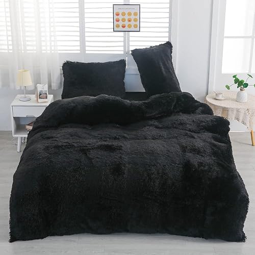 Miniatura 7 de chovy Funda de edredón negra de felpa de pelo sintético tamaño King, juego de cama de 3 piezas, ultra suave, lanudo de franela de terciopelo