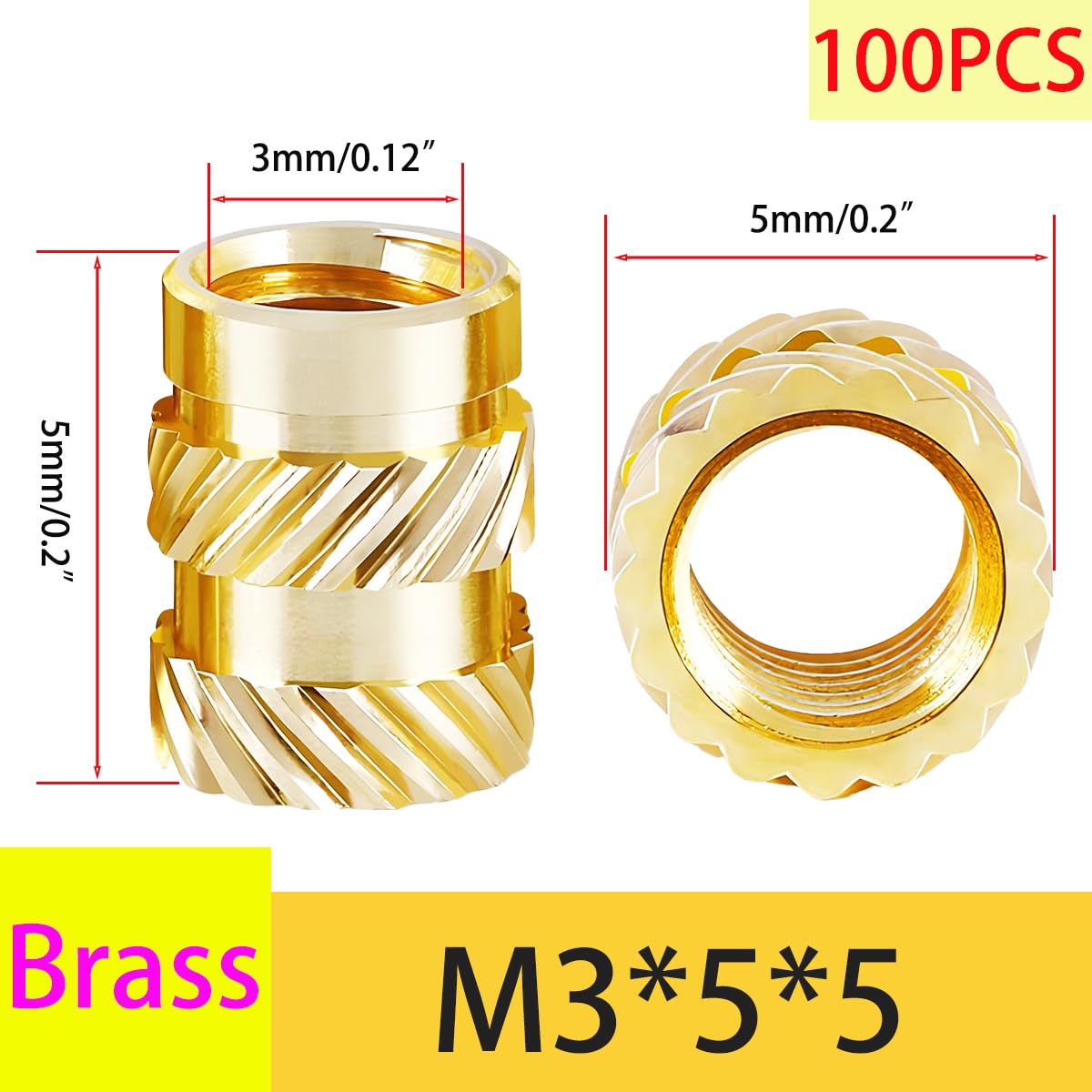 Qrity 100 Pezzi Inserto Filettato, Dadi in Ottone per Stampa 3D, Boccola Filettata, Dadi Filettati Femmina in Ottone Zigrinato, M3 x 5mm x 5mm