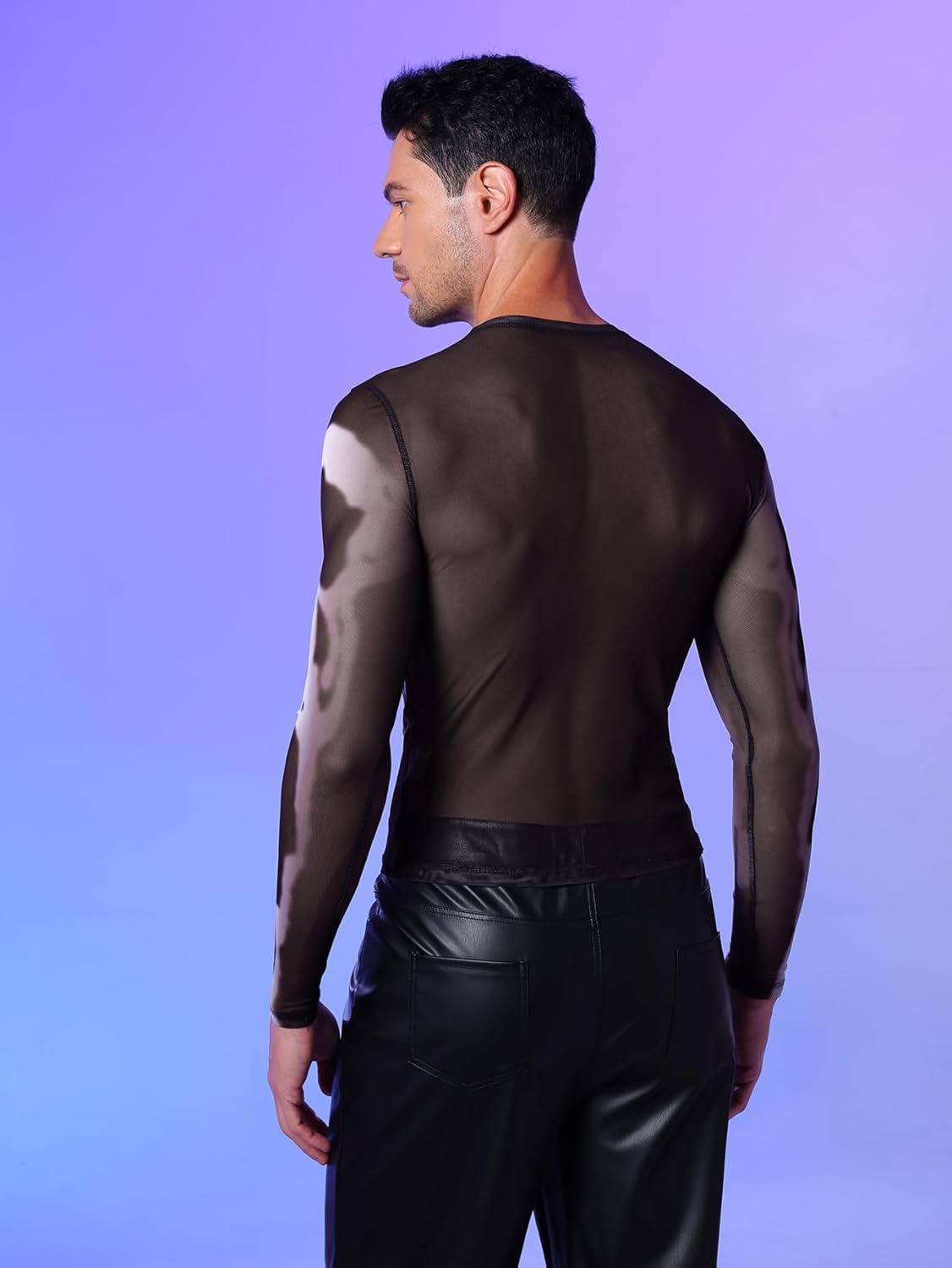WDIRARA Men's Mesh Shirts Long Sleeve Rave See Through Tee Crewneck Party Club Wear Top - Image 3