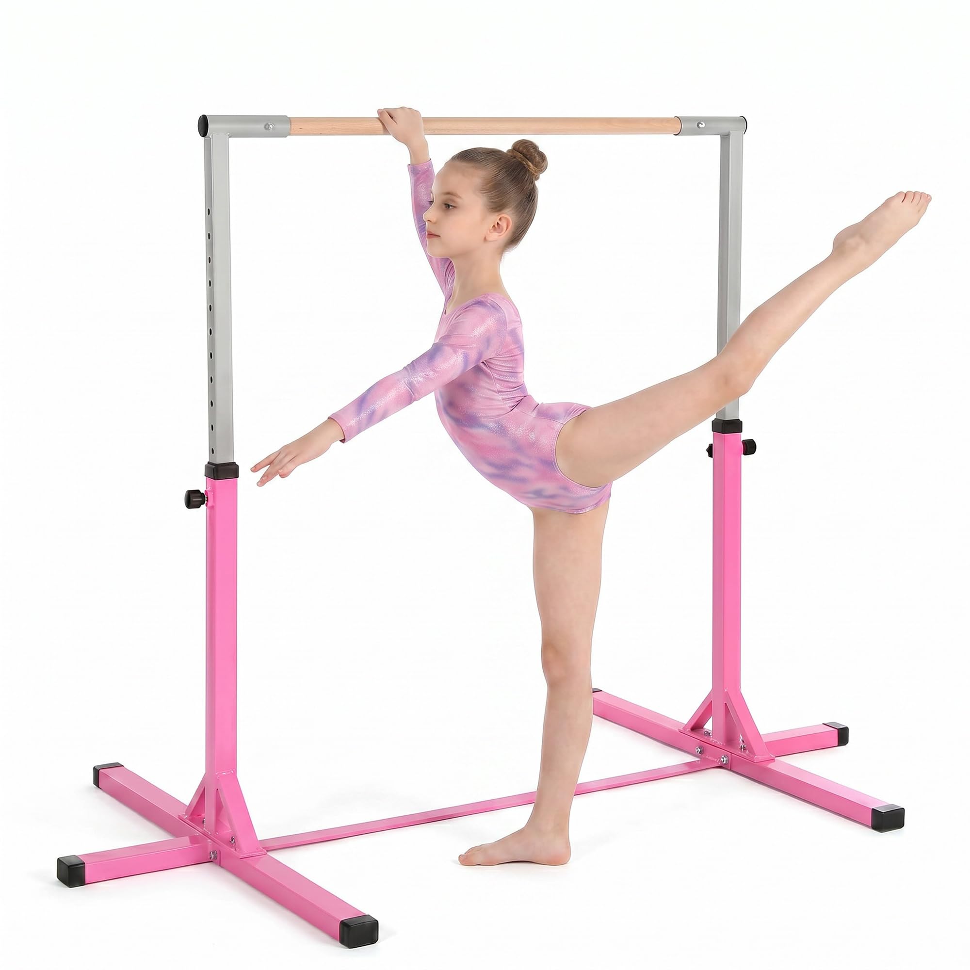 HOMCOM Barre Fixe de Gymnastique pour Enfant, Hauteur Réglable sur 13 Niveaux de 92-150 cm, en Acier et Bois de Hêtre, Barre de Gym d'Entraînement à Domicile, Antidérapant, Facile à Assembler