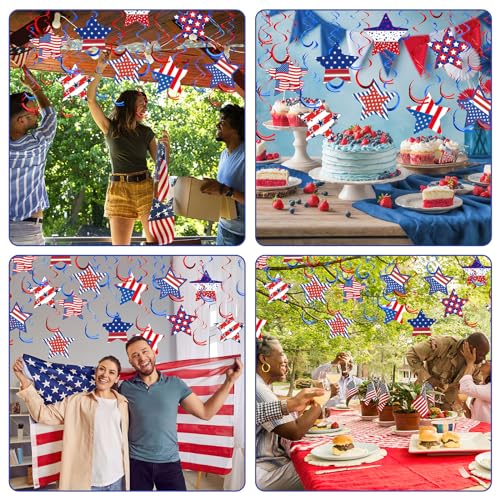 Image of JUNEBRUSHS 46Pcs Independence Day Hanging Swirls, 4th of July Decorations Patriotic Red White and Blue Stars String Hanging Swirl Ceiling Spirals for Fourth of July Home Party Accessories Supplies