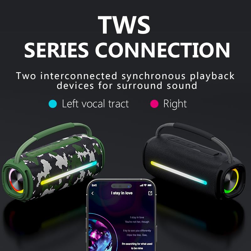 JIAYAOKJXX Portable Bluetooth Speaker, Waterproof Wireless Speaker with RGB Colorful Lights, 20W Loud Stereo Sound & Deep Bass, TWS Pairing, for Outdoor, Party, Beach, Camping, Home — Camouflage - image 8