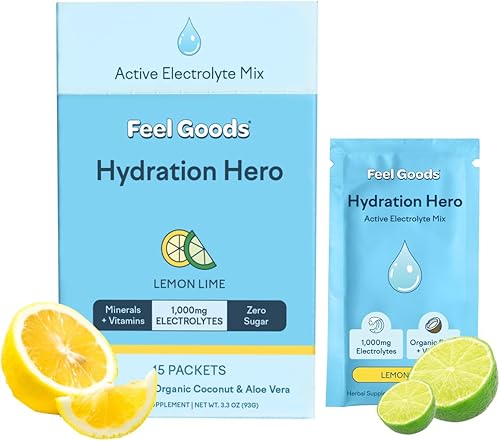 Feel Goods Hydration Hero - Polvo de electrolitos de 1000 mg, sin azúcar, frutas orgánicas, oligominerales y vitaminas, paquetes de hidratación,
