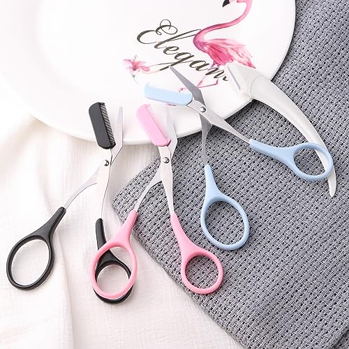 JIAKAI 3pcs-Eyebrow Scissors with Eyebrow Razor,Professional Eyebrow Trimmer Scissors with Comb,Non Slip Finger Grips Eyebrow Trimmer, Hair Removal Beauty Accessories for Men Women (Black, Pink, Blue)