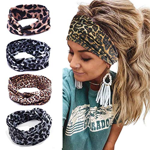 Simsly Boho Bandeau Headbands Leopard Cross Hair Bands Elastic Cloth Turban Headband Yoga Head Wraps Fahion Head Scarfs for Women and Girls (Pack of 4)