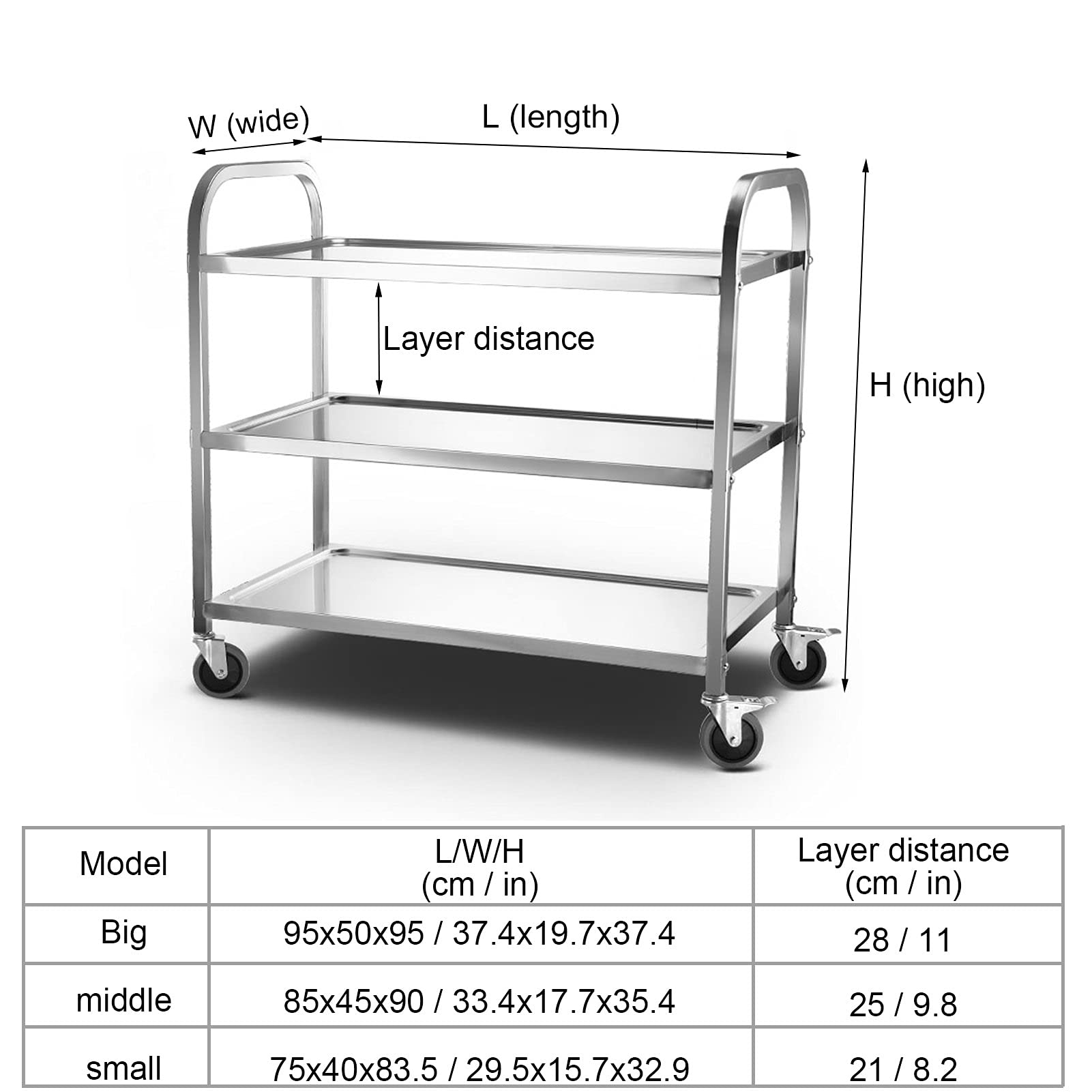 Carrito de cocina de acero inoxidable de 3 niveles con ruedas bloqueables y bandeja extraíble, perfecto para hoteles y restaurantes, 85 x 45 x 90 cm, solución de almacenamiento duradera y versátil