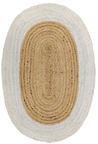 DHARVA LOOM White & Natural Jute Rug 5x8 Ft Oval