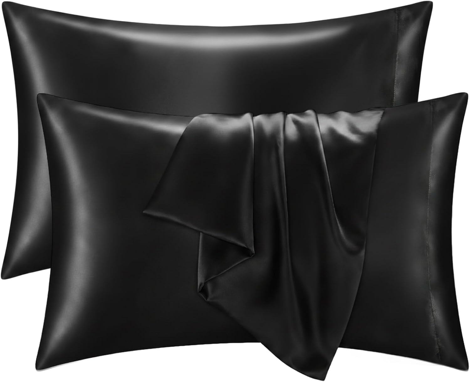 Q&J Fabric Co. Satin Pillow Cases 2 Pack, Standard Size Similar to Silk Pillow Cases for Hair and Skin, Black Cooling Satin Pillowcase with Envelope Closure, 20X26 Inch