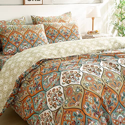 Dada Bedding Bohemian Duvet Cover Set King Size - Reversible Coral Teal Floral Paisley Botanical Garden - Includes Duvet Cover And 2 Pillow Cases - Soft And Durable - Easy Care #TOP1