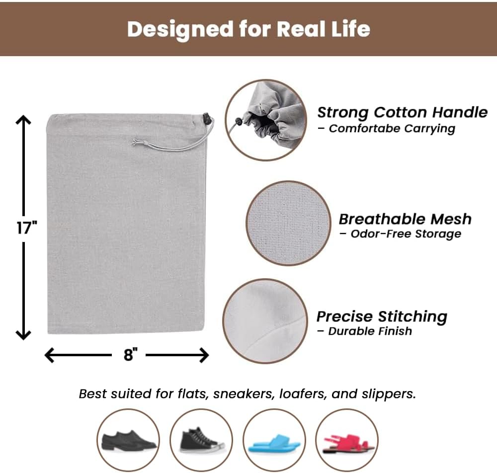 LFH Cotton Rich Shoe Storage Bags with Drawstring, Dustproof Breathable Reusable Organizer, Perfect For Travel, Dorm, Hotel, College, Gym, Easy to Carry, Machine Washable 8"x17" (Pack of 2) - Grey