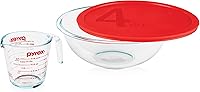 Pyrex Smart Essentials 3-Piece Glass Prep Set: 4-Quart Mixing Bowl with Lid & 2-Cup Measuring Cup, Microwave & Dishwasher Safe