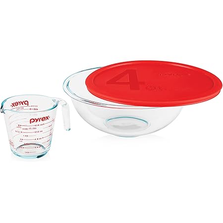 Pyrex Smart Essentials 3-Piece Glass Prep Set, 4-QT Glass Mixing Bowl with lid and 2-Cup Measuring Cup, Dishwasher, Microwave and Freezer Safe, Essential Kitchen Tools