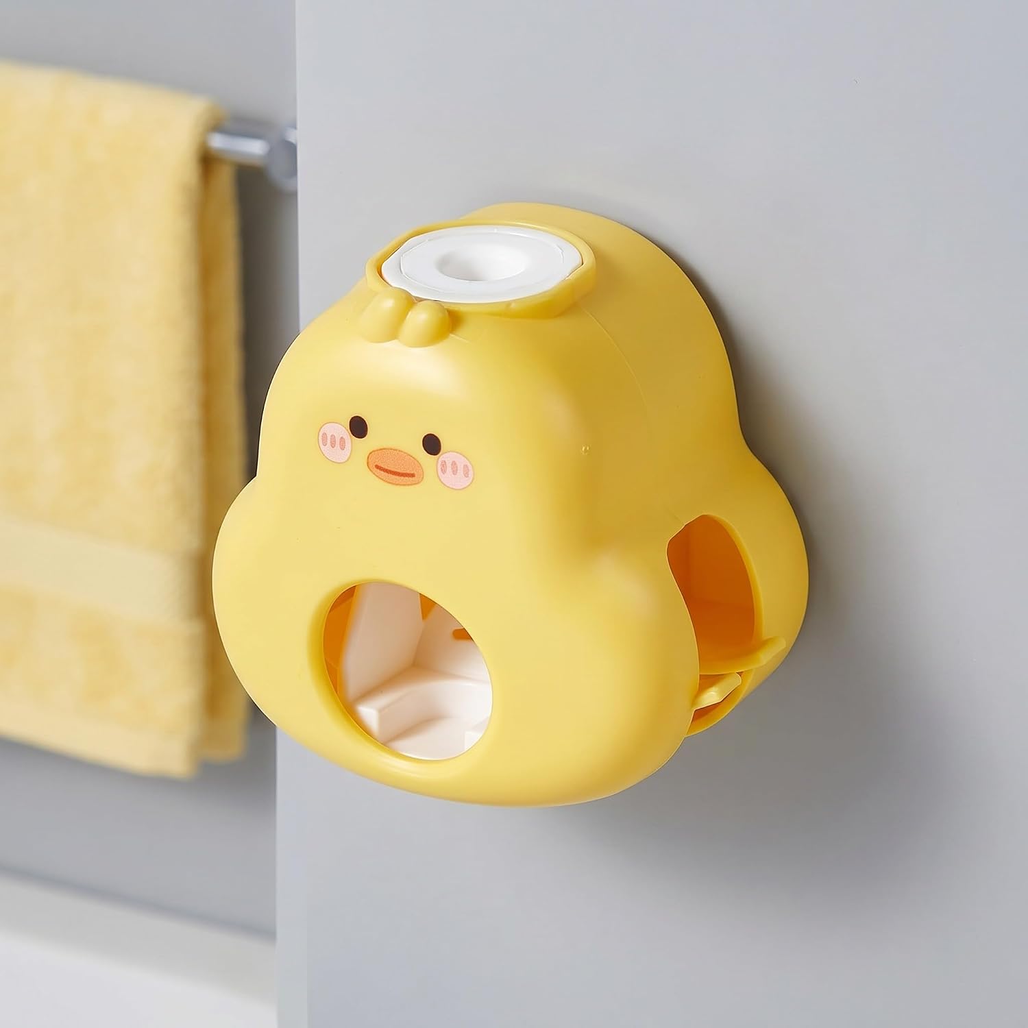 Artibetter Wall Mounted Toothpaste Dispenser with Toothbrush Holder - One‑Hand Self‑Dispensing Toothpaste Device - Cartoon Duck Bathroom Organizer - Daily Home Use