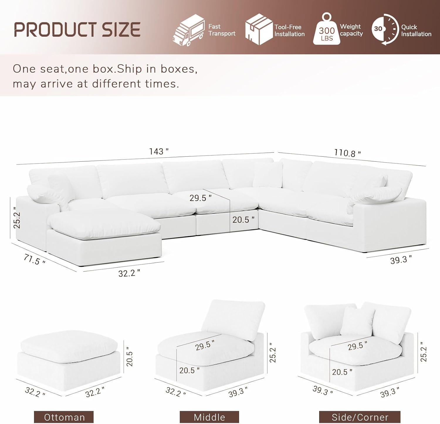 253" Oversized Cloud Modular Sectional Sofa,7 Seat Down Filled Sofa,Comfy Deep Seat Couch with Reversible Chaise & Cushions,Couch Cover Washable and Replaceable,White