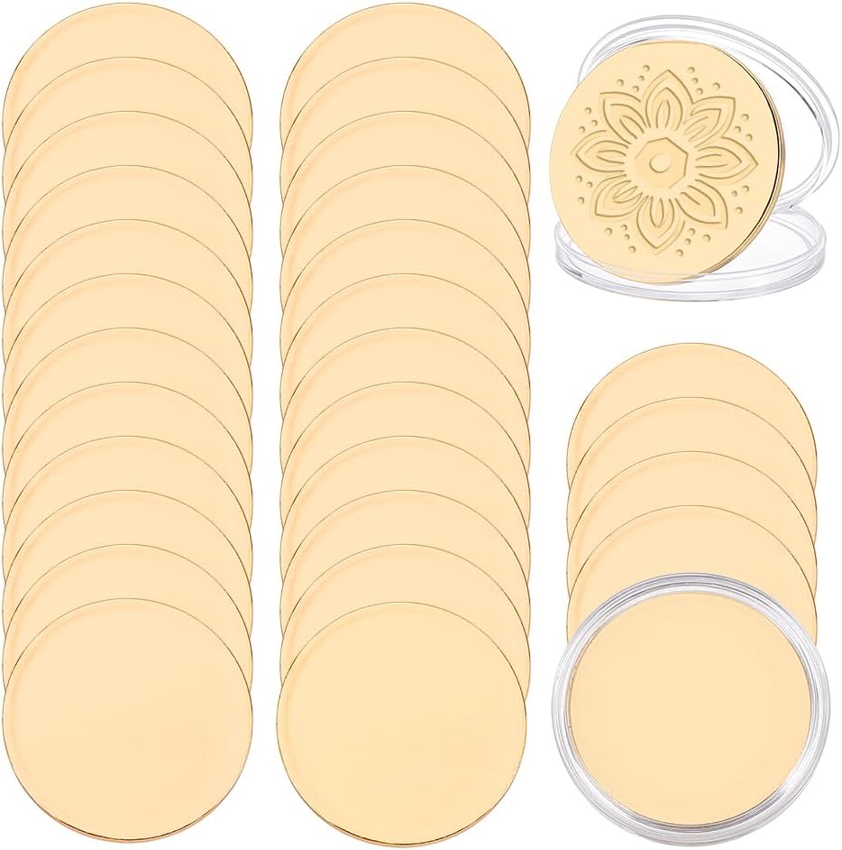 OLYCRAFT 30Pcs Blank Challenge Coins for Laser Engraving and Stamping 1.6 Inch Gold Blank Challenge Coins Round Engravable Coins with Acrylic Protection Box for DIY Crafts Commemorative Collection