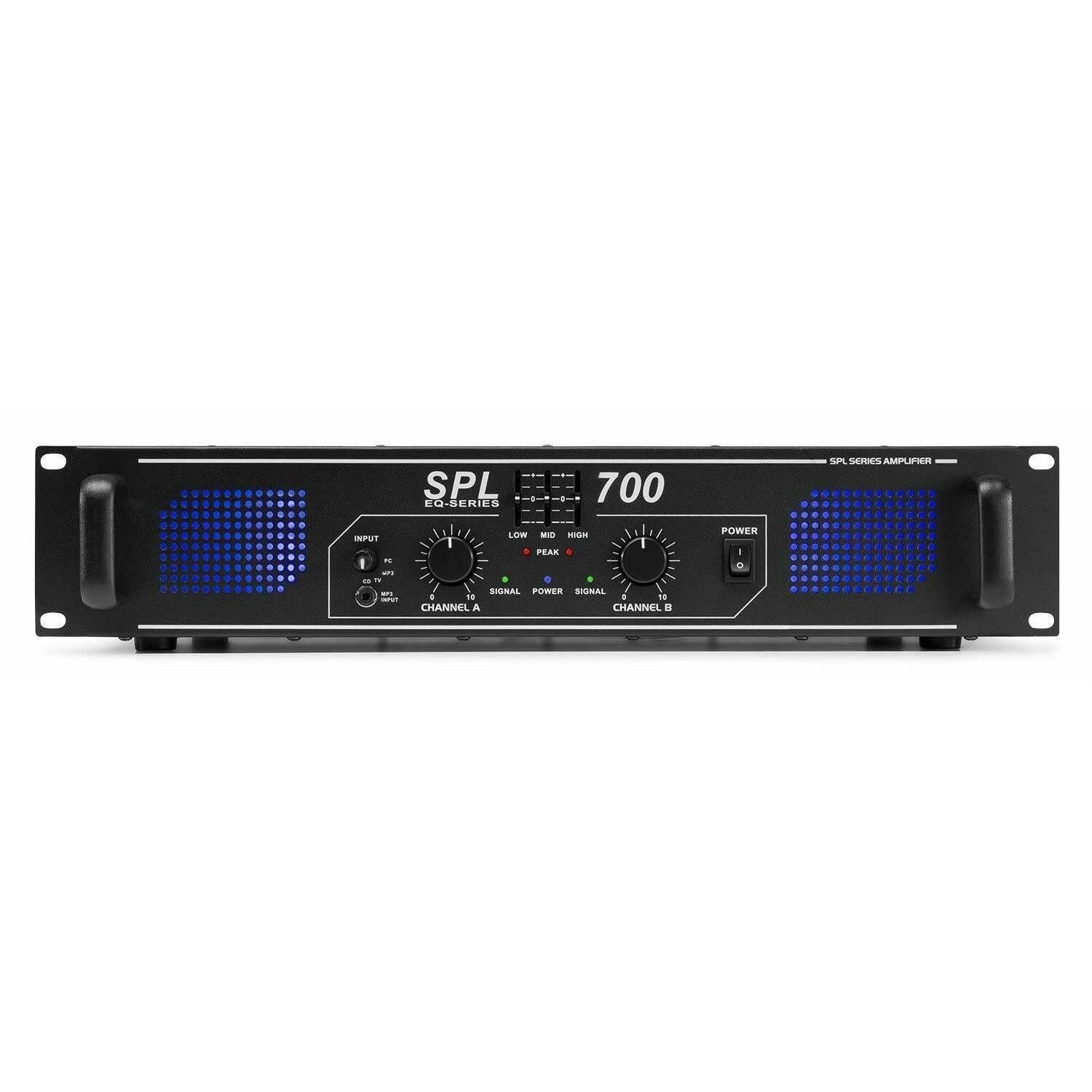 Skytec SPL 700 Amplificador 2x 350W EQ, ecualizador de 3 bandas integrado, Audio 2.0, 3 tomas RCA, toma de 3,5 mm, indicador LED de clip, ideal para Hifi, perfecto para DJ avanzados