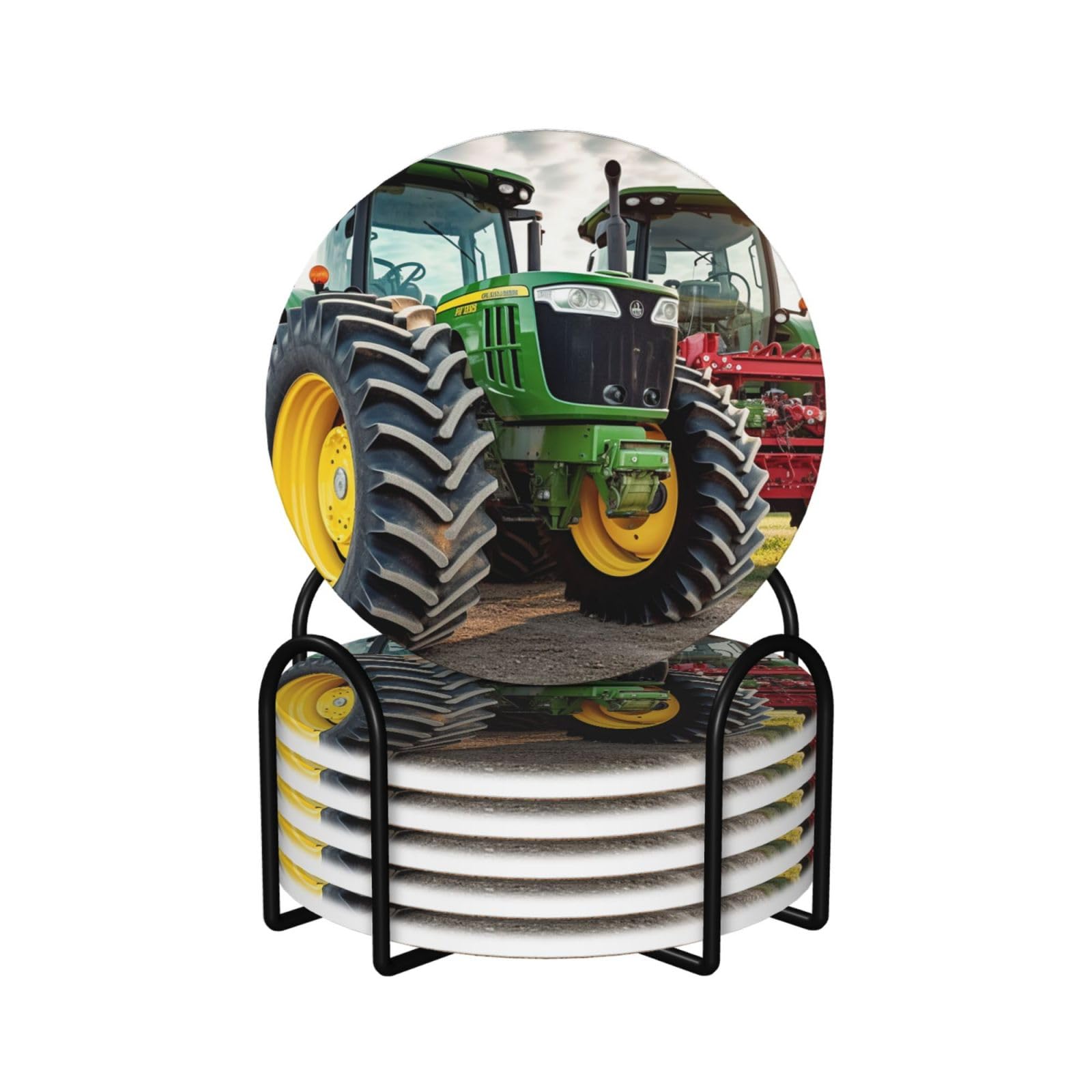 Dessous de verre en céramique lot de 6 avec support pour protection table motif machines agricoles