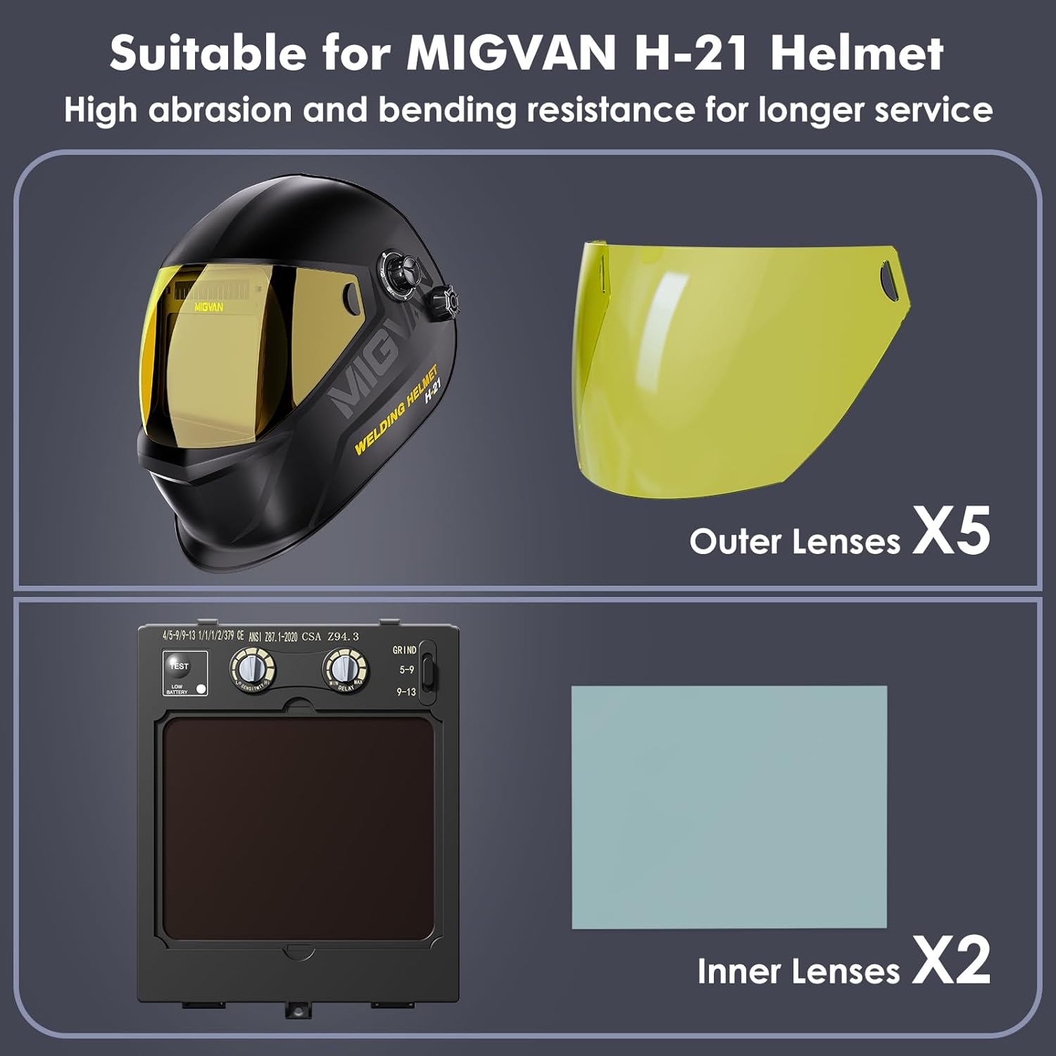 5 Pack Amber Front Lid Lens with 2 Pack Inner Lens, Front Cover Lenses Compatible with MIGVAN H-21 Welding Helmet, 3.93" x 2.36" Large Viewing Lens, Welding Face Mask Hood Lens Replacement Parts