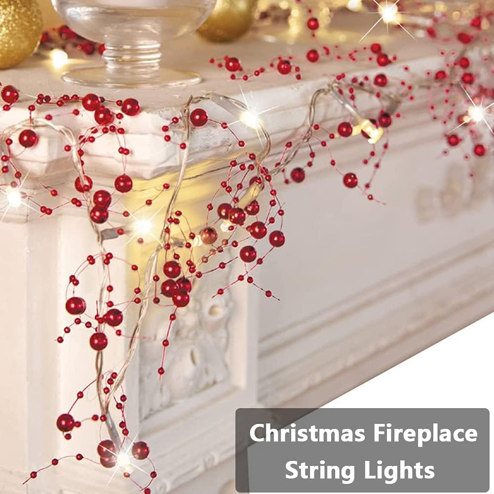 OVV 13FT Christmas Red Pearl String Lights 40LED Lighted Berry Beaded Garland Festive Indoor Xmas Day Decoration Warm Lights for Bedroom Mantel Wedding Party Decor Battery Operated (Red)