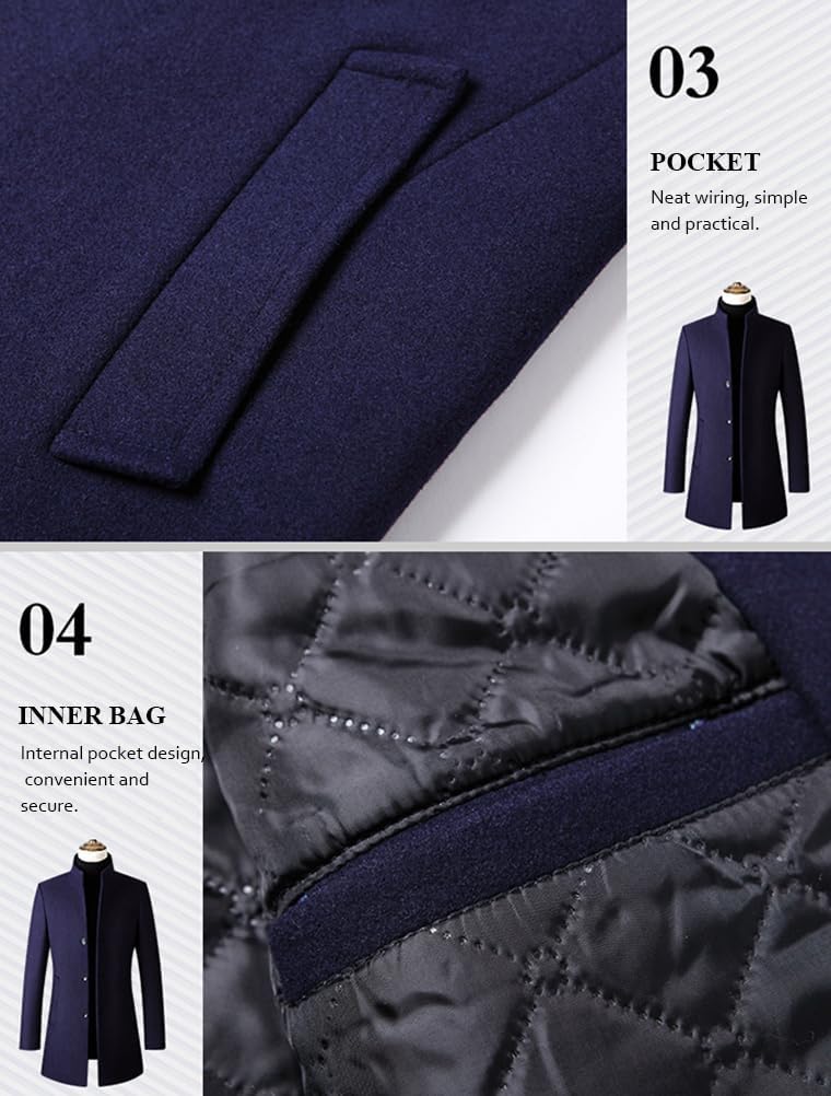 Lavnis Men's Winter Trench Coat Wool Blend Pea Coat Slim Fit Single Breasted Topcoat Business Down Jacket - Image 6