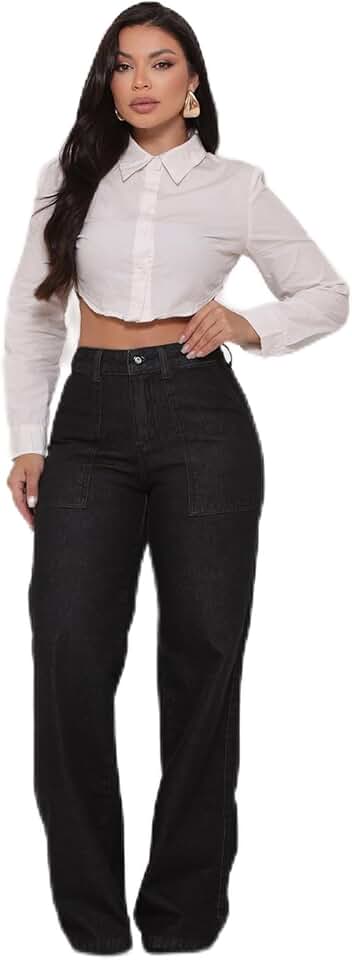 Calça Jeans Feminina Wide Leg Preta, Cintura Alta, Reta Soltinha, Estilo e Conforto