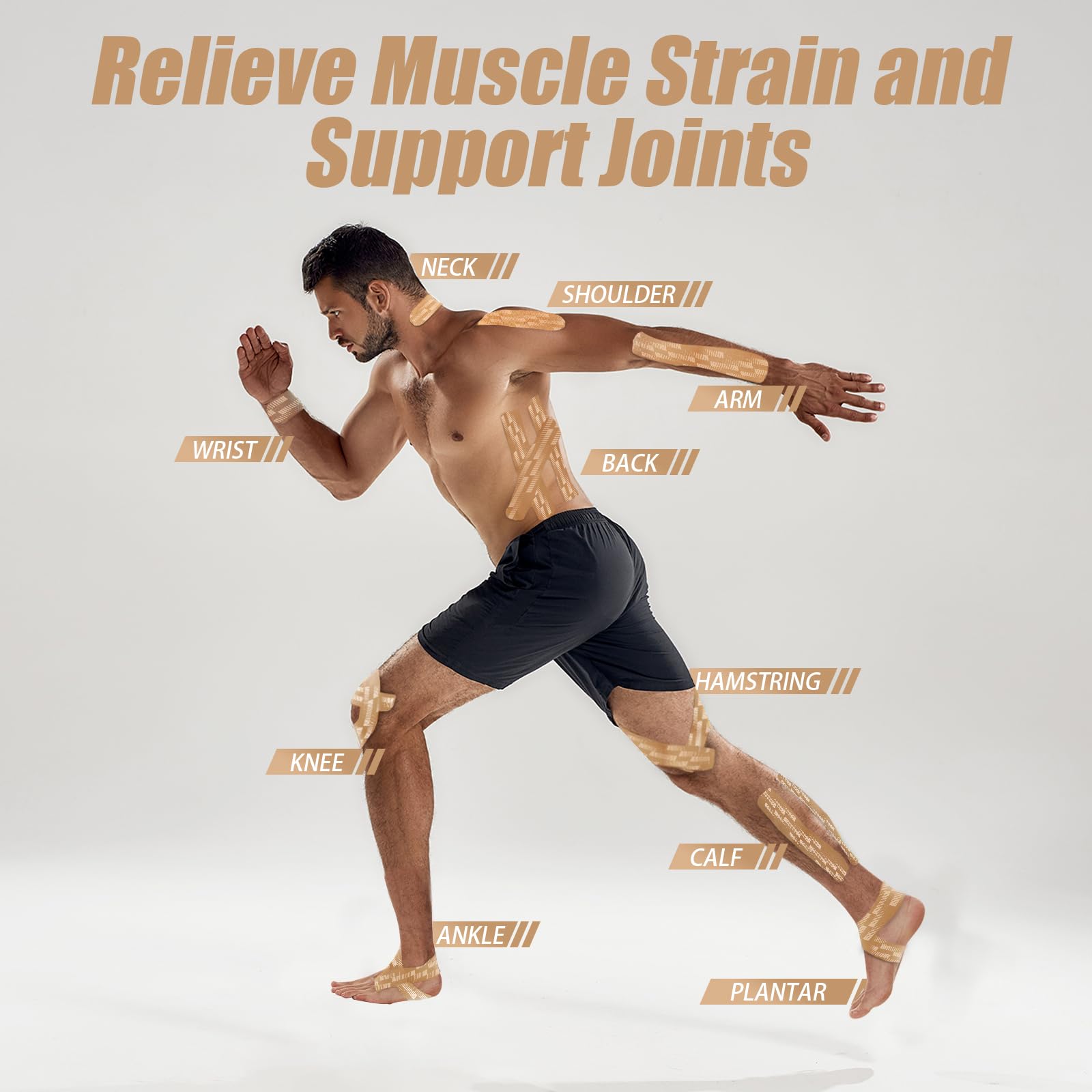 GJUMP Kinesiology Tape, 2 Rolls Hypoallergenic Athletic Tape for Muscle Strain Relief & Joint Support, Waterproof & Breathable Sports Tape for Pain Relief, 2in x 16ft Uncut Roll-Stripe (Beige)