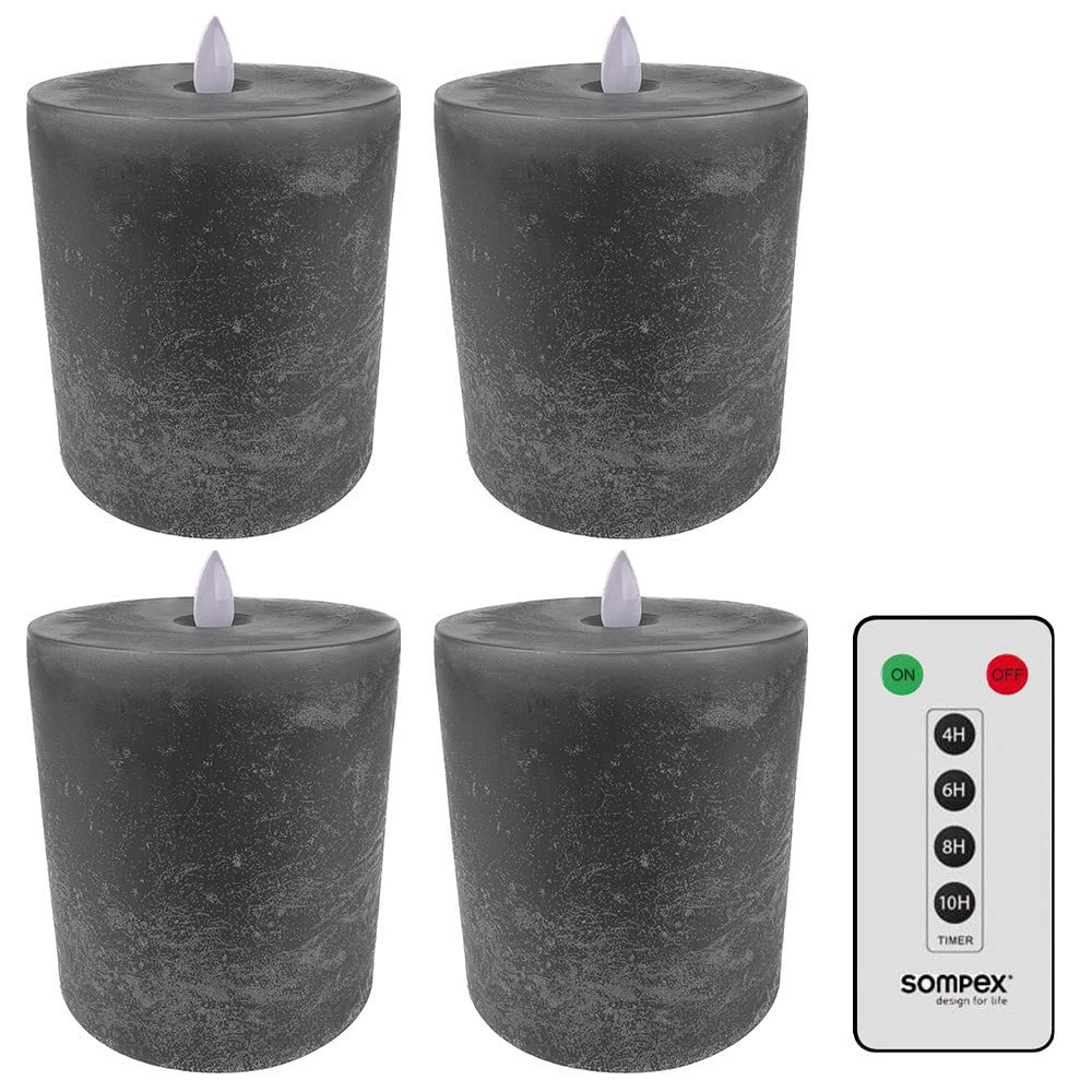 Sompex LED Kerzen mit Timerfunktion und flackernder Flamme, grau ⌀ 10cm, Höhe 10,5cm, Adventskranz 4er Sets, Weihnachtsdeko, LED Deko, Stumpenkerzen (4er Set mit Fernbedienung) Beleuchtung
