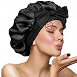 Silk Bonnet for Sleeping Women, Ajustable Hair Bonnet for Curly Hair with Tie Band Shower Caps Black，Large